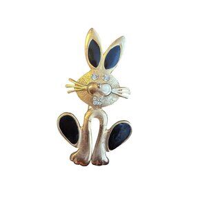 Vintage Gold-Tone Bunny Brooch With Black Enamel & Rhinestone Accents